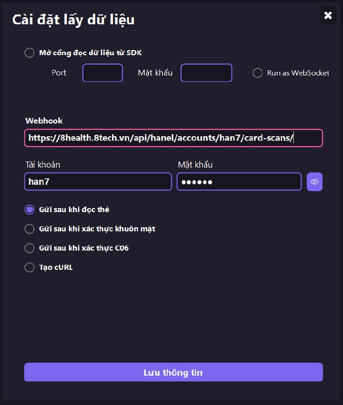 Màn hình cấu hình webhook và tài khoản máy quét